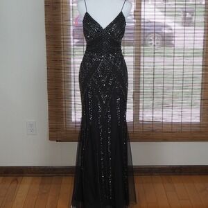 Marina Gown Womens 4 Black Sequin Beaded Art Deco Mermaid Formal Prom Evening